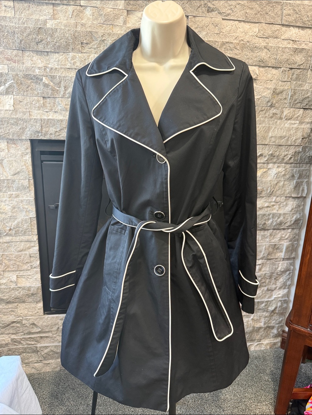 Tommy Hilfiger Black Trench Coat with White Trim